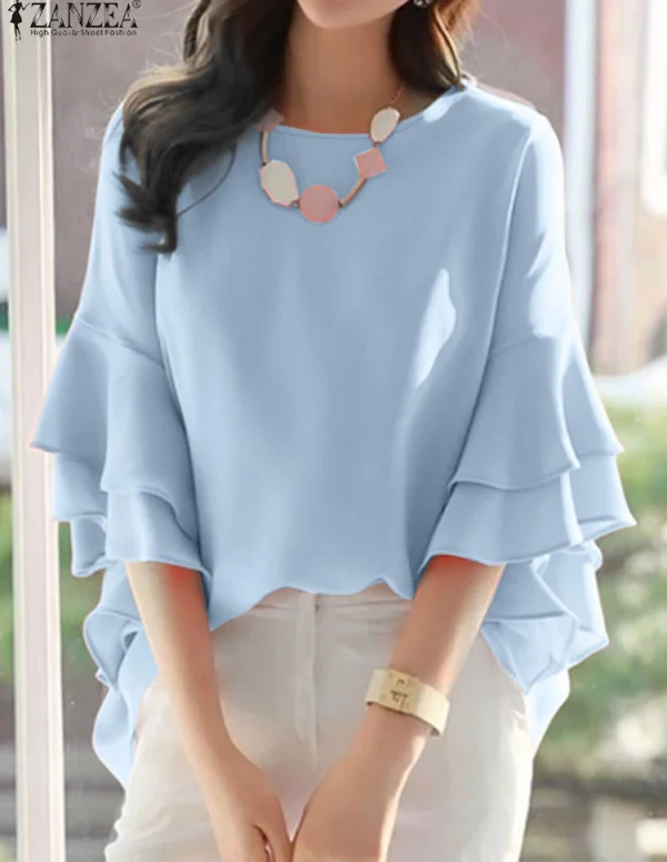 ZANZEA 2025 Fashion Summer Blouse Women Flare Sleeve Casual Tops Loose Ruffled Shirts Solid Color Elegant OL Blusas Femininas