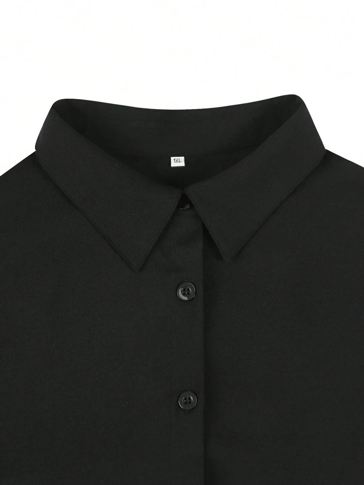 Plus Size 2025 Spring and Summer New Women's POLO Collar Pleated Casual Single Row Button Shirt Blouse Solid Color - Image 6