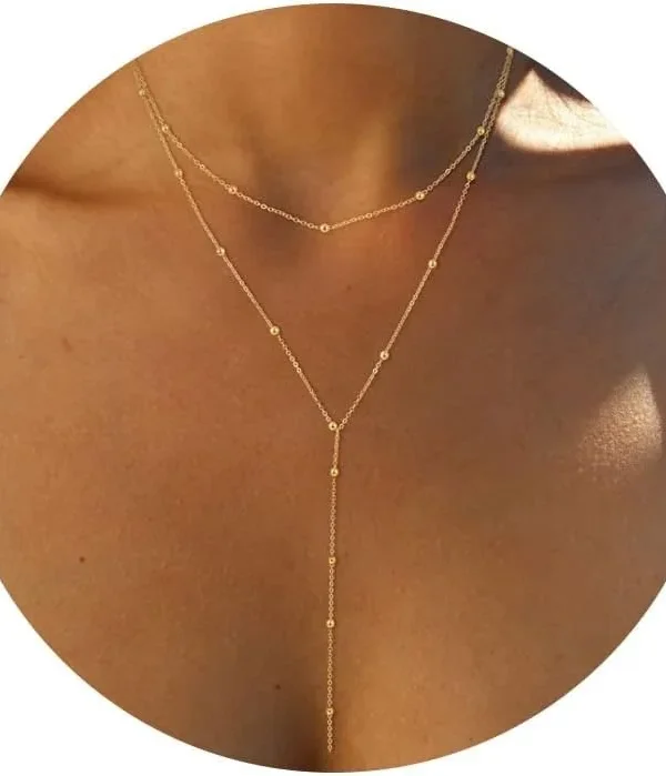 Gold Necklace for Women 14k Gold Plated/Silver Y-Shaped Pendant Necklace Layered Beaded Chain Drop Necklaces For Women Gift