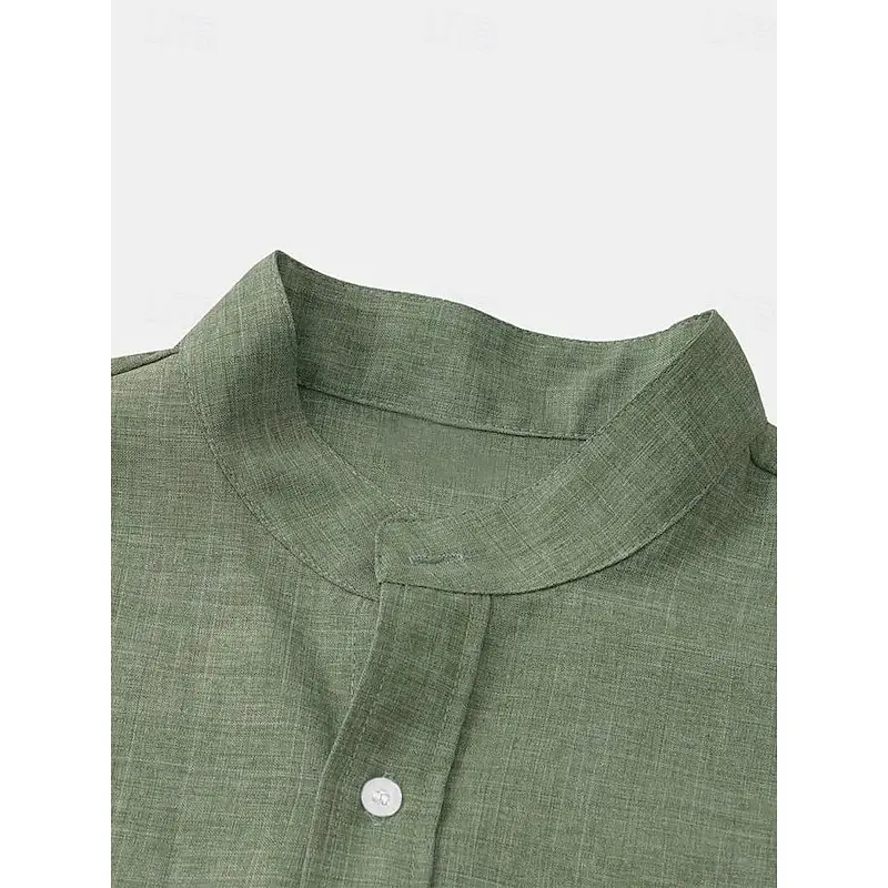Men's tops linen 100% hot sale linen shirt half cardigan button stand collar solid color shirt linen European size - Image 3