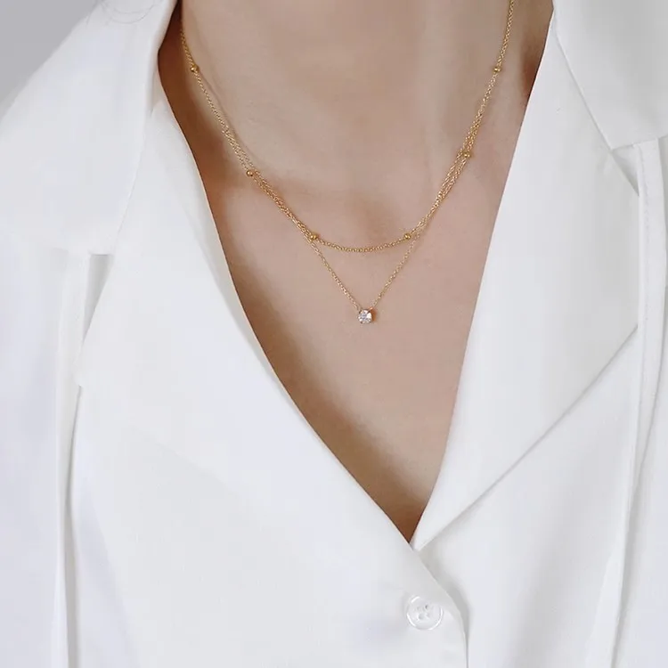 Stylish Shiny Zircon Double Layer Staniless Steel Waterproof Gold Plated Choker Necklace Stacked Fashion Jewelry Gift for Women - Image 10