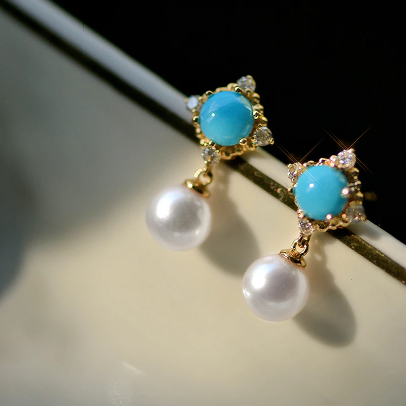 Huitan Bohemia Blue Stone Dangle Earrings with Imitation Pearl Chic Accessories for Women Daily Wear Vocation Sea Female Jewelry - Image 2