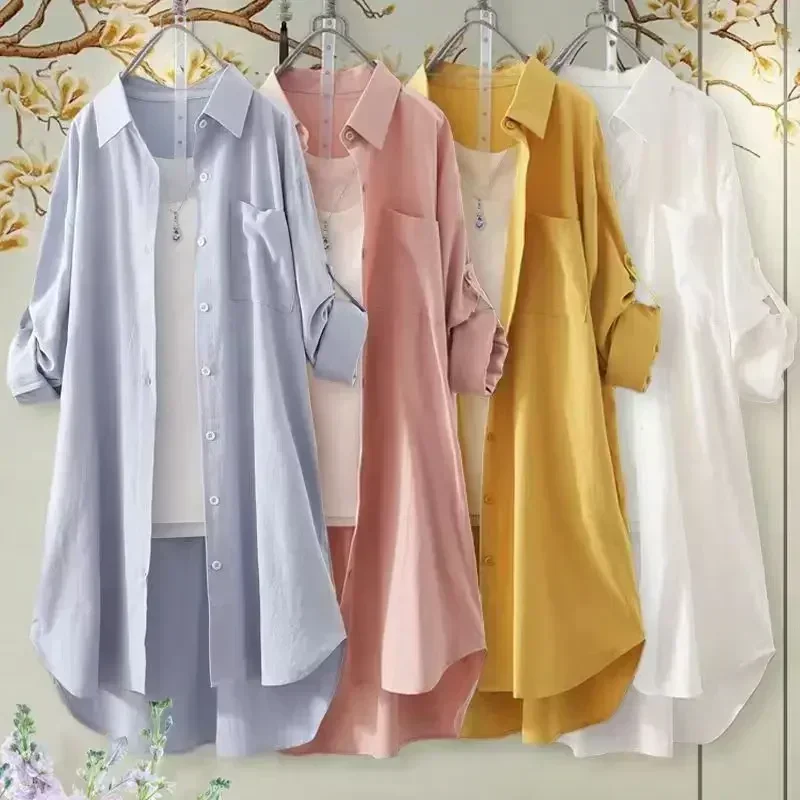 Plus Size Women Simple Long Sleeve Blouse Chic Korean Style Loose Fit Breathable Shirt Casual Autumn Solid Color Midi Tunic Tops - Image 11