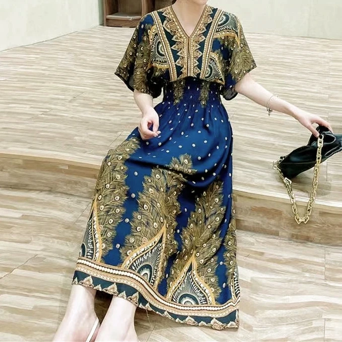 Casual Elegant Retro Bohemian National Style V-neck Elastic Waist Large Swing Printed Summer Long Skirt Woman Dress Clothes - Image 42