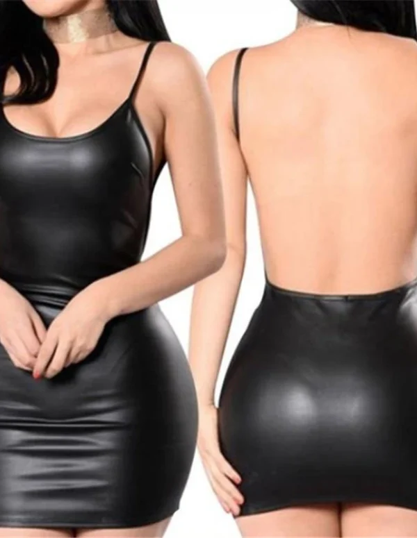 Sexy Faux Leather Dress Backless Club Party Short Dress Solid Black Wet Look Latex Bodycon Push Up Bra Mini Micro Dress