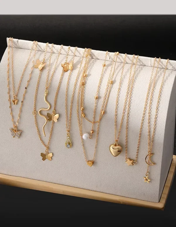9 Pcs Multi-layered Gold Color Necklace Set for Women Fashion Zircon Pearl Heart Butterfly Star Moon Snake Pendant Necklaces Set