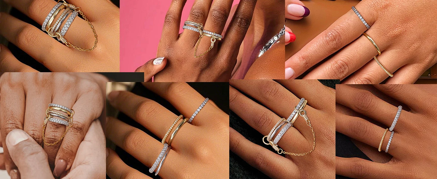 5pcs Gold Plated Linked Chain Stackable Rings for Women Statement Cubic Zirconia Interlocking Rings Multi-Link Connected Jewelry - Image 14