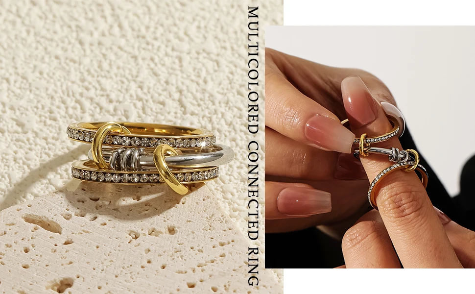 New Stainless Steel Cubic Zirconia Stackable Rings for Women 18k GoldPlating Multi-Link Connected Statement Ring Stack Jewelry - Image 17