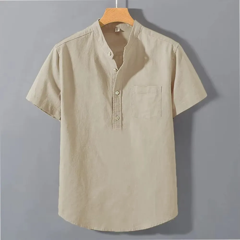 Men's Summer Solid Colour Short Sleeve Shirt Pocket Design Daily Casual Comfortable Breathable Cotton Linen Shirt Top