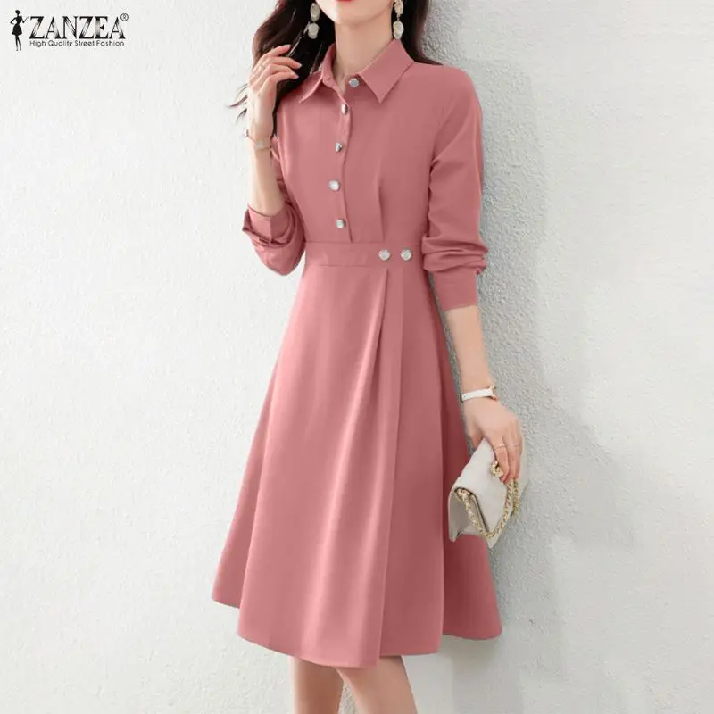 2026 ZANZEA Women Elegant Lapel Neck Long Sleeve Dress Spring Office Dresses Stylish A Line Waisted Party Sundress Holiday Robe - Image 2