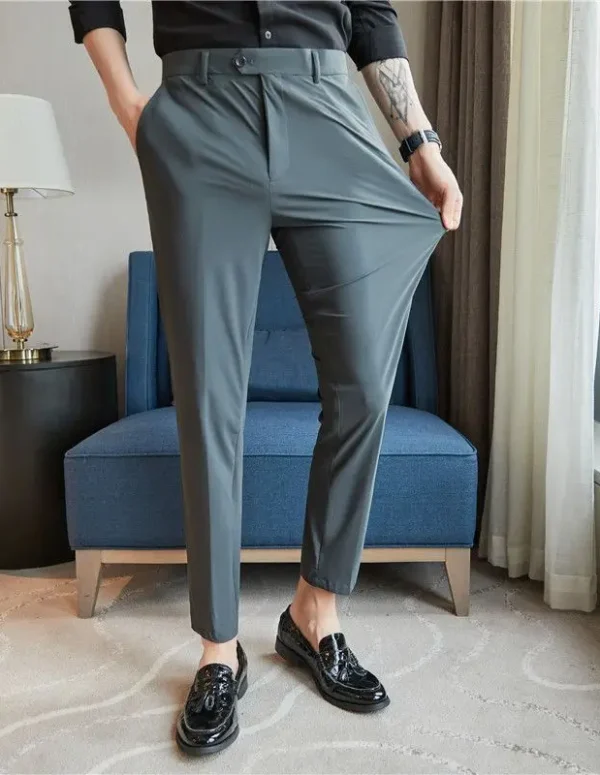 Fashion Men Slim Fit Dark Gray Smart Casual Suit Pants Spring Summer New Ice Silk High Elasticity Business Cropped Trousers 2024