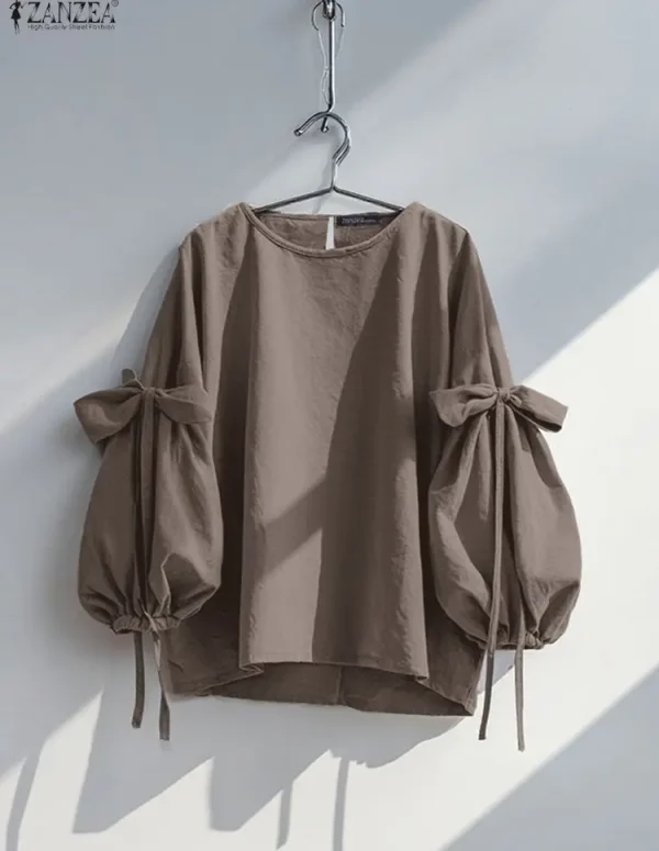 ZANZEA Women Long Sleeve Blouse Autumn Spring Bow Shirts 2025 Fashion Casual Solid Loose Tunic Tops Streetwear Blusas Femininas