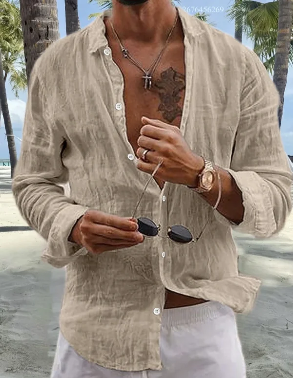 Men's cotton and linen shirt tops simple lapel solid color shirt tops comfortable loose casual vacation shirt express delivery
