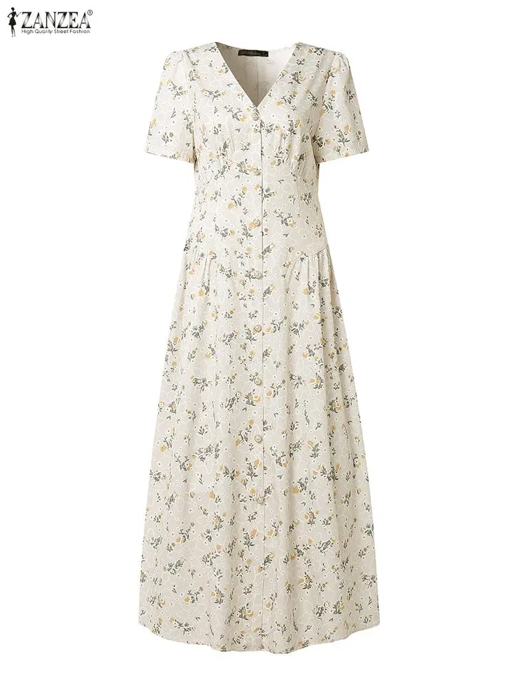 2026 ZANZEA Summer Floral Printed Dresses Women Elegant Casual Holiday Party Dress A Line Robe V Neck Short Sleeve Work Sundress - Image 8