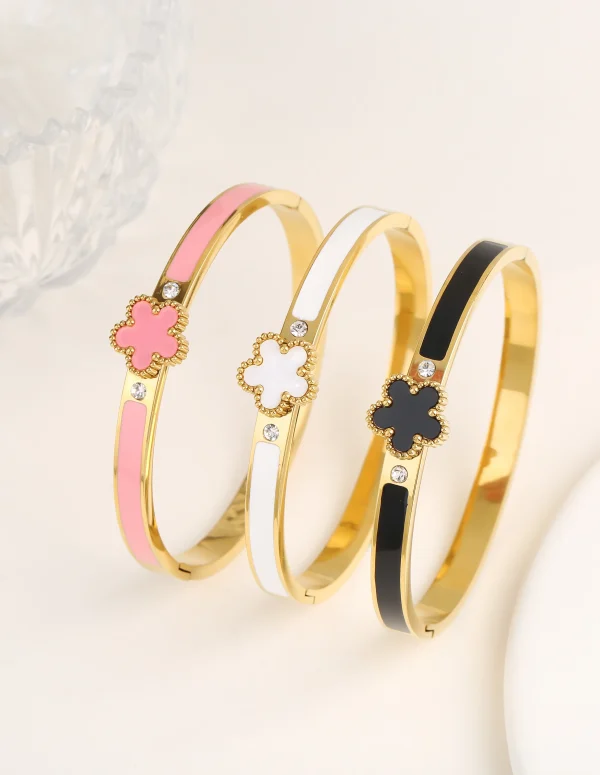 6 Colors Classic Luxury Stainless Steel Five Leaf Flower Open Bangle Simple for Woman Girl Party Trend Enamel Jewelry  Clover
