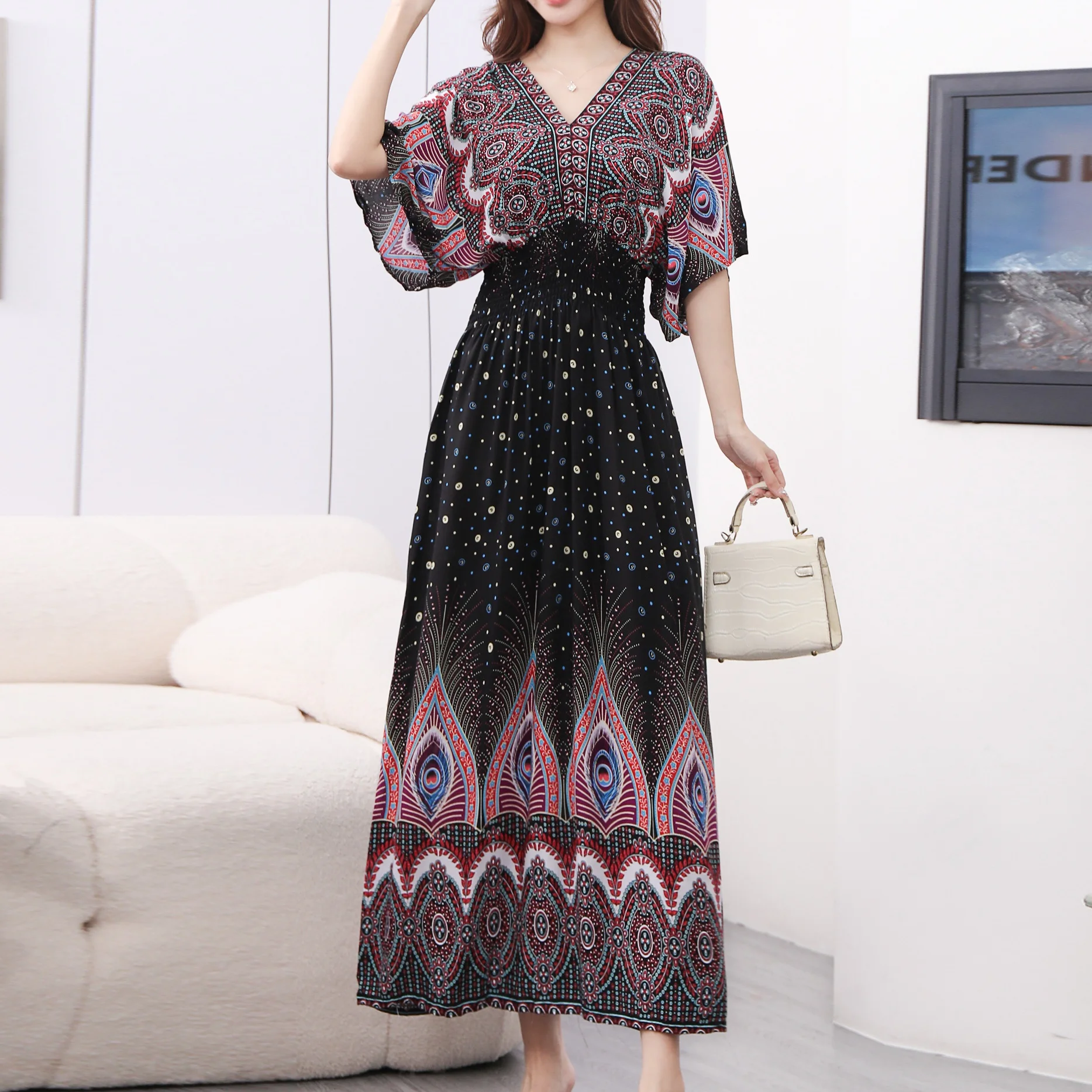 Casual Elegant Retro Bohemian National Style V-neck Elastic Waist Large Swing Printed Summer Long Skirt Woman Dress Clothes - Image 19
