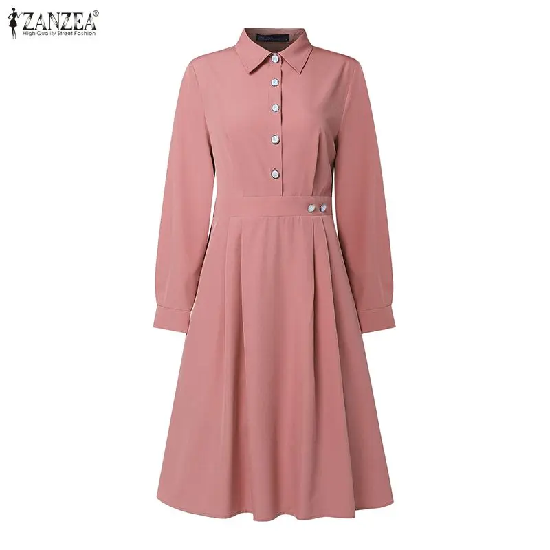 2026 ZANZEA Women Elegant Lapel Neck Long Sleeve Dress Spring Office Dresses Stylish A Line Waisted Party Sundress Holiday Robe - Image 3