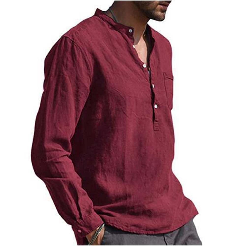 Cotton Linen Hot Sale Men's Long-Sleeved Shirts Summer Solid Color Stand-Up Collar Casual Beach Style Plus Size - Image 15