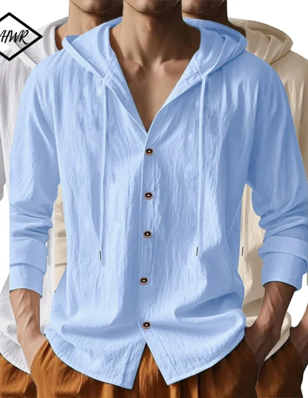 Men's Cotton Linen Long Sleeve Shirt Breathable Summer Spring Casual Button Up Lightweight Hawaiian Beach Top Hoodie T-Shirt New