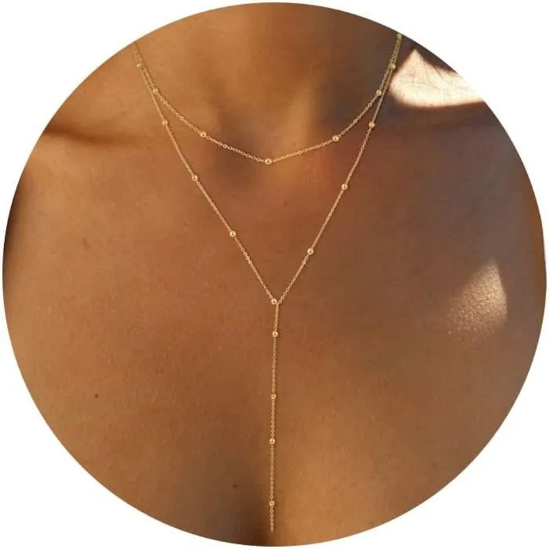 Gold Necklace for Women 14k Gold Plated/Silver Y-Shaped Pendant Necklace Layered Beaded Chain Drop Necklaces For Women Gift - Image 7