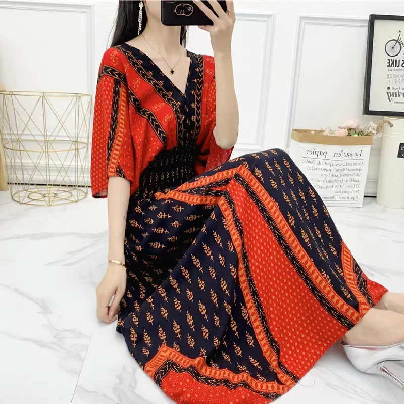 Casual Elegant Retro Bohemian National Style V-neck Elastic Waist Large Swing Printed Summer Long Skirt Woman Dress Clothes - Image 13