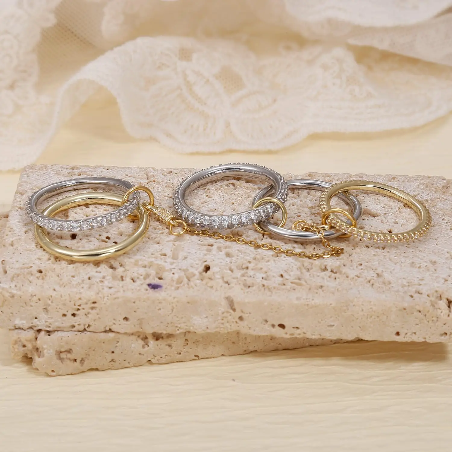 5pcs Gold Plated Linked Chain Stackable Rings for Women Statement Cubic Zirconia Interlocking Rings Multi-Link Connected Jewelry - Image 4