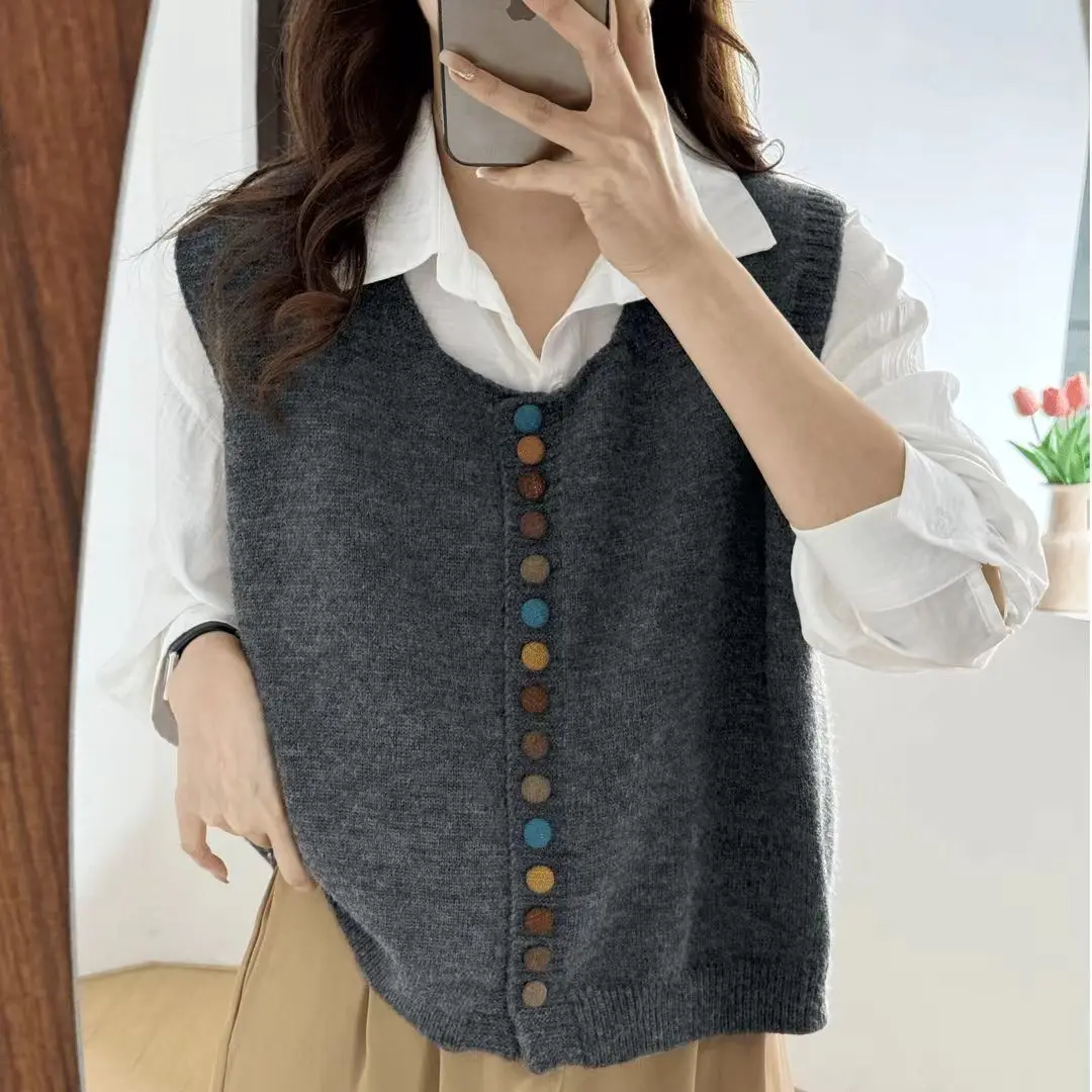 Fashion Colorful Button Knit Sweater Vest Women Spring Autumn New Casual Layering Sweater Woman Retro Gray Sleeveless Vest Top - Image 14