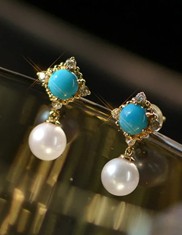 Huitan Bohemia Blue Stone Dangle Earrings with Imitation Pearl Chic Accessories for Women Daily Wear Vocation Sea Female Jewelry