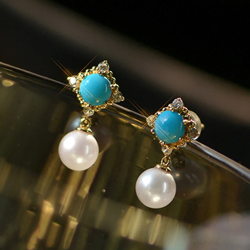 Huitan Bohemia Blue Stone Dangle Earrings with Imitation Pearl Chic Accessories for Women Daily Wear Vocation Sea Female Jewelry