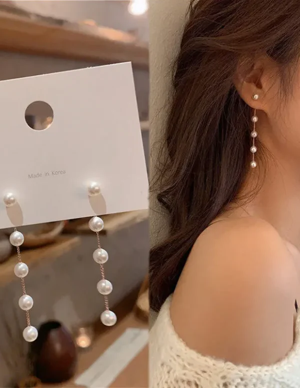 Fashion Pearl Long Earring For Women Cute Korean Crystal Rhinestone Chain Drop Earrings Bridal Wedding Party Jewelry Gifts 2024