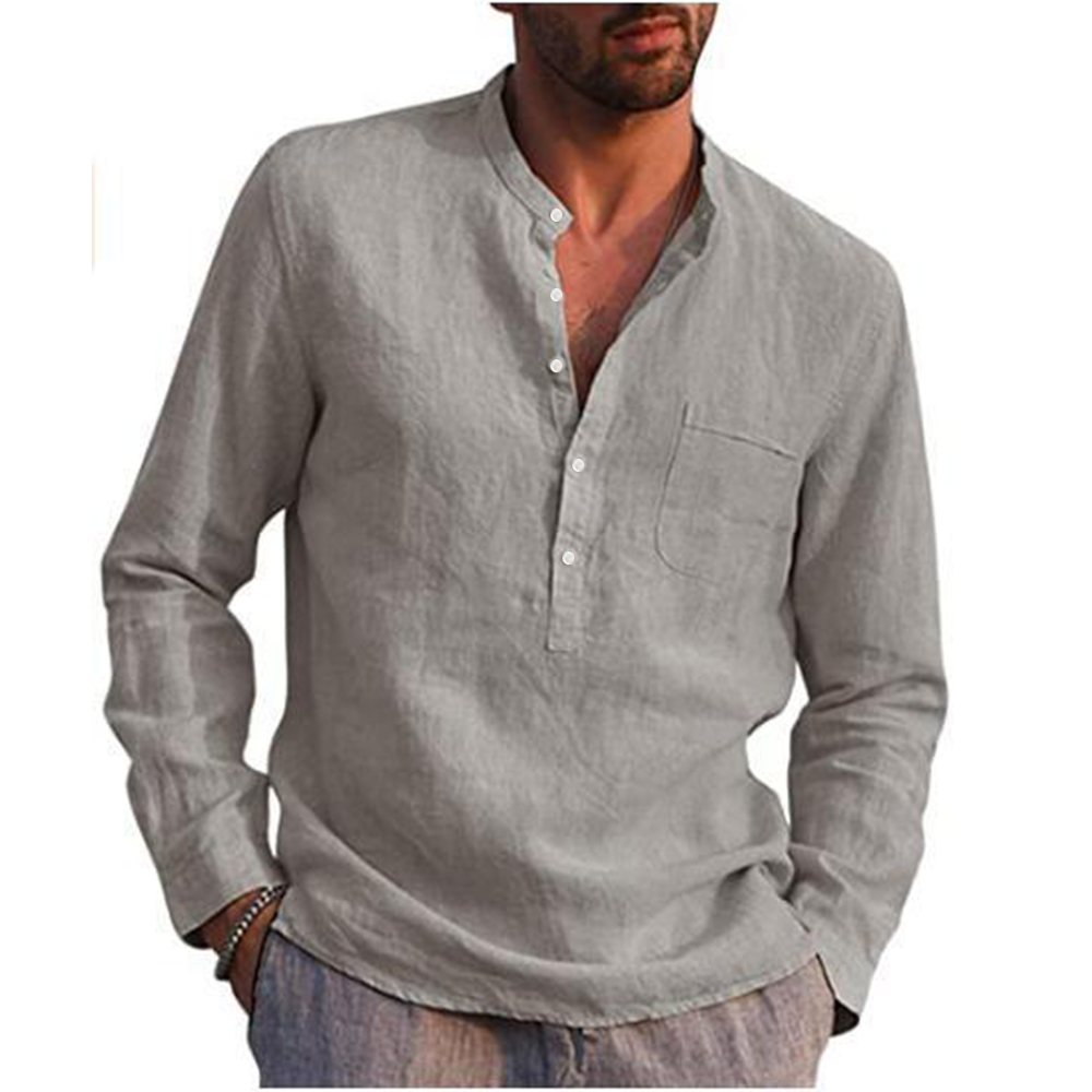 Cotton Linen Hot Sale Men's Long-Sleeved Shirts Summer Solid Color Stand-Up Collar Casual Beach Style Plus Size - Image 26