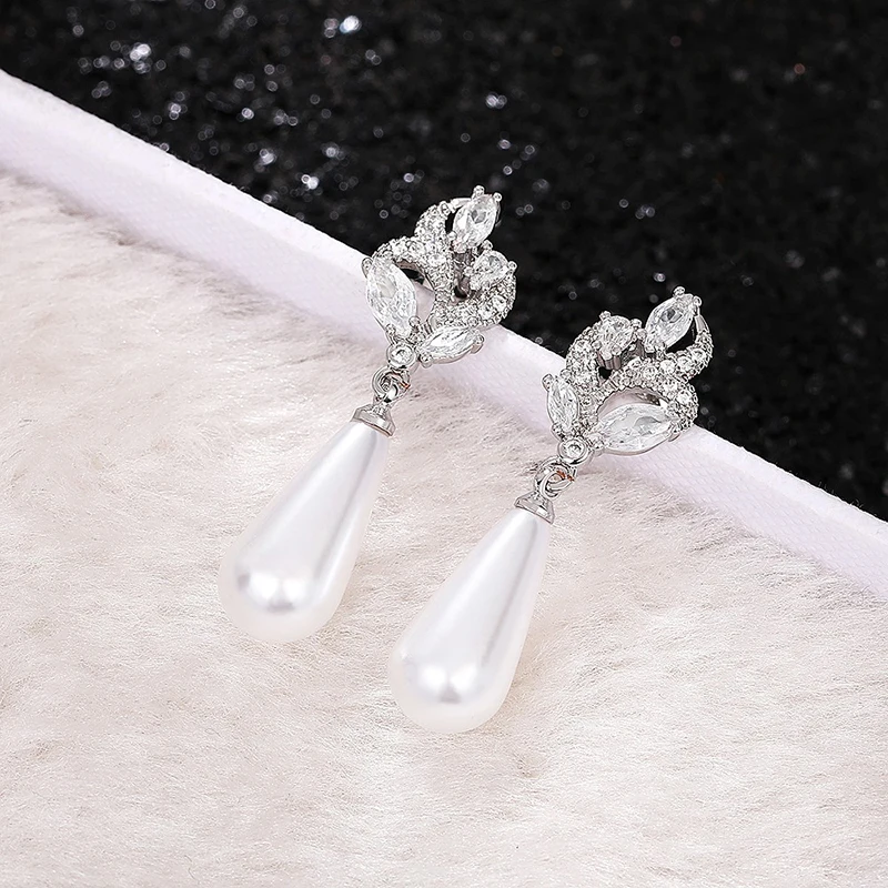 Huitan Aesthetic Imitation Pearl Dangle Earrings for Women Brilliant Cubic Zircon Luxury Female Wedding Earrings Fashion Jewelry - Image 4