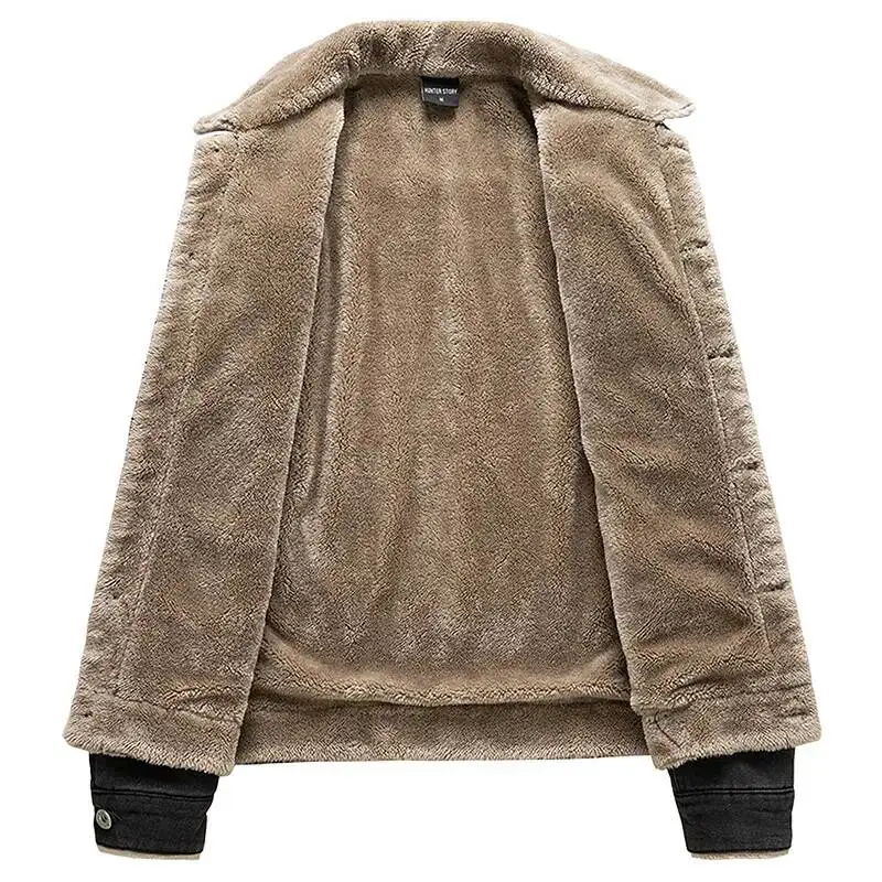 Denim Autumn Winter Pocket Single-Breasted Solid Color Velvet Thickened Lapel Washed Cotton Fashion Men's Jacket - Image 4