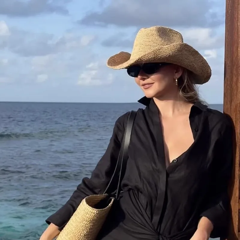 Ins Hand-crocheted Natural Raffia Straw Sun Hats Cowboy Hat for Women Men Summer Wide Brim Panama Outdoor Breathable Beach Caps - Image 3