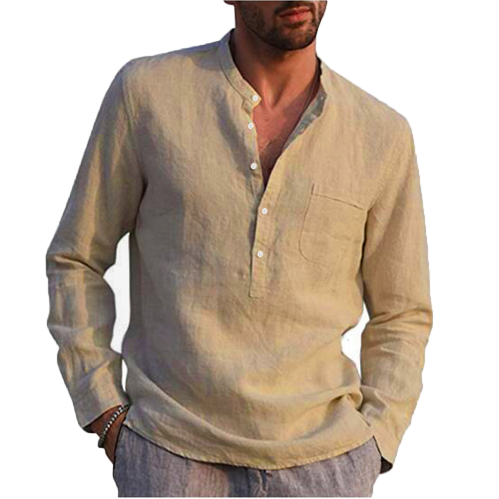 Cotton Linen Hot Sale Men's Long-Sleeved Shirts Summer Solid Color Stand-Up Collar Casual Beach Style Plus Size - Image 28
