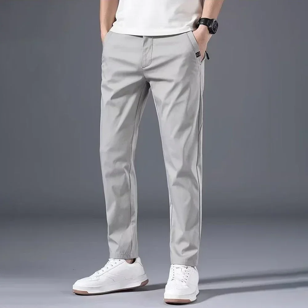 Summer Men's Slim Fit Thin Chino Pant Casual Flat Front Flex Classic Full Pants Middle Waist Man Trousers - Image 2