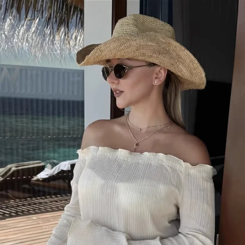 Ins Hand-crocheted Natural Raffia Straw Sun Hats Cowboy Hat for Women Men Summer Wide Brim Panama Outdoor Breathable Beach Caps - Image 2