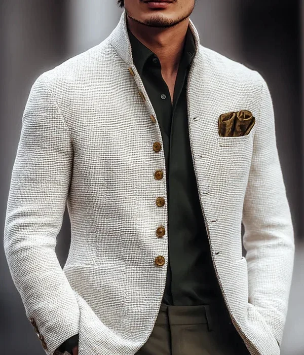 2025 European and American Men's Casual Stand Collar Jacket, Slim Fit, Button-Down Pocket Long Sleeve Blazer