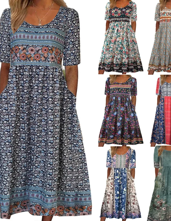 2025 summer new women's Bohemia loose fashion print round neck short sleeve long dress
