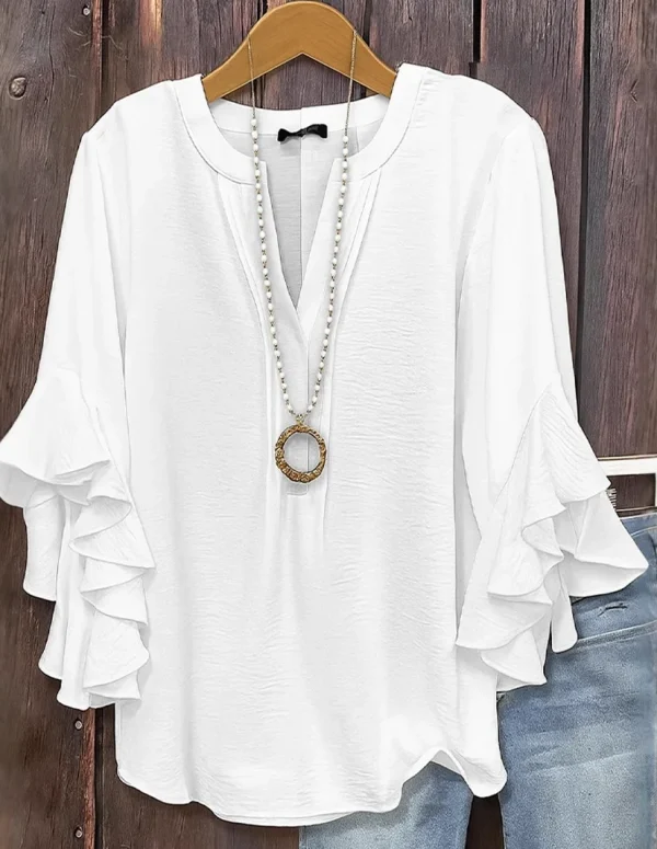 New Spring and Summer Women's Casual Shirt Loose Flange 7-point Sleeve Solid Color V-neck Fashion Top Versatile Basic Blouses