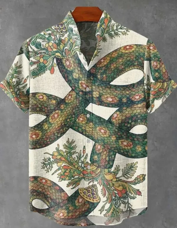 Abstract pattern print, men's linen short sleeved shirt, loose top, fashionable trend, outdoor street, casual and comfortable