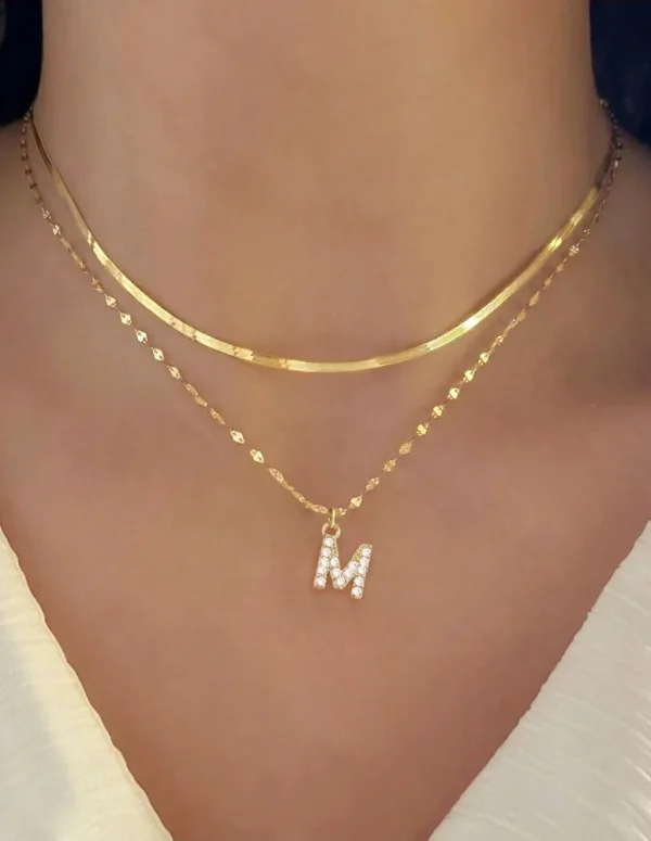 Gold Plated Pave Zirconia Letter Necklace Stainless Steel Herringbone Lip Chain Layered Initial Necklace Sets For Women