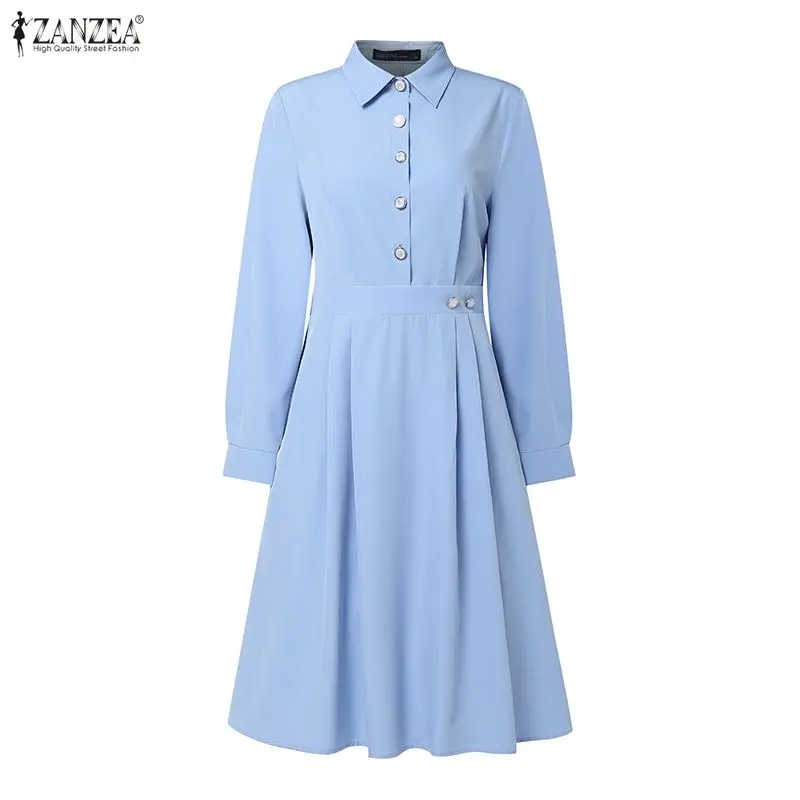 2026 ZANZEA Women Elegant Lapel Neck Long Sleeve Dress Spring Office Dresses Stylish A Line Waisted Party Sundress Holiday Robe - Image 17