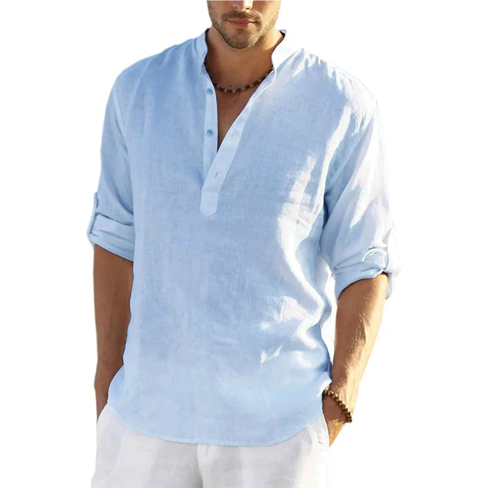 Cotton Linen Hot Sale Men Long-Sleeved Shirts Summer Solid Color Stand-Up Collar Casual Beach Style Plus Size - Image 5