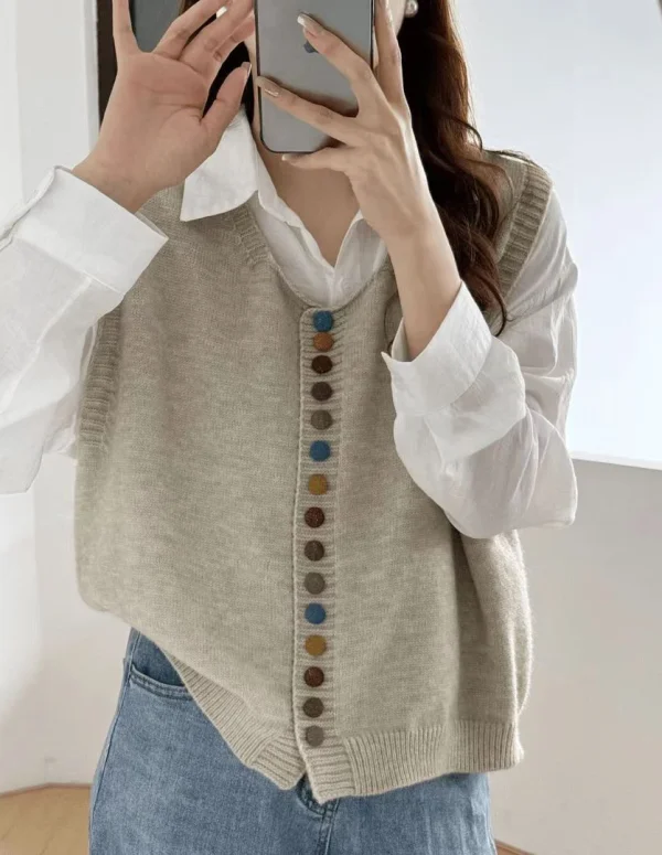 Fashion Colorful Button Knit Sweater Vest Women Spring Autumn New Casual Layering Sweater Woman Retro Gray Sleeveless Vest Top