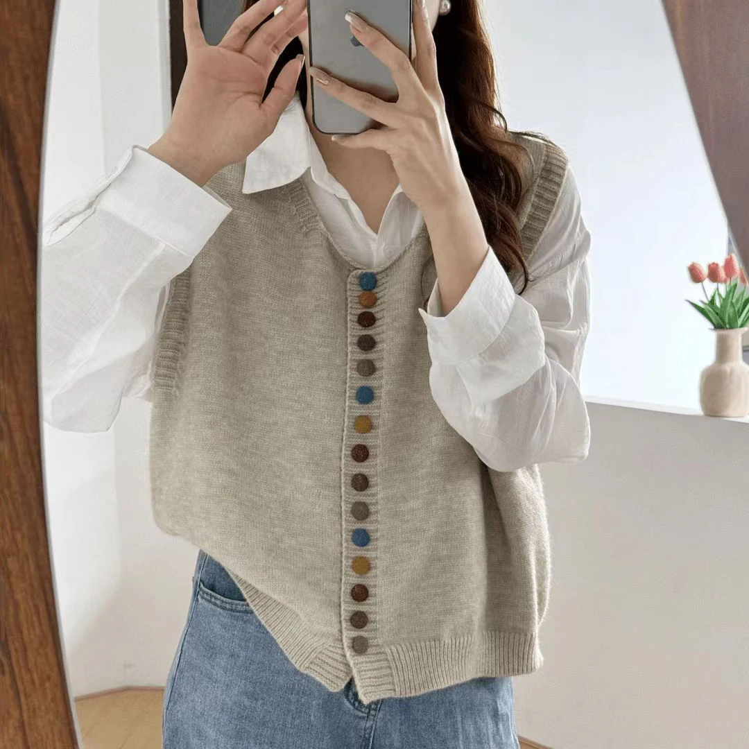 Fashion Colorful Button Knit Sweater Vest Women Spring Autumn New Casual Layering Sweater Woman Retro Gray Sleeveless Vest Top