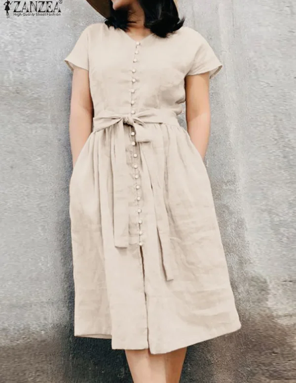 ZANZEA Woman Fashion Solid Dress Short Sleeve O-Neck Dresses Summer Elegant A Line Sundress Vintage Office OL Vestidos Oversized