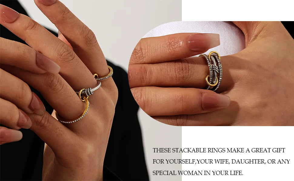 New Stainless Steel Cubic Zirconia Stackable Rings for Women 18k GoldPlating Multi-Link Connected Statement Ring Stack Jewelry - Image 18
