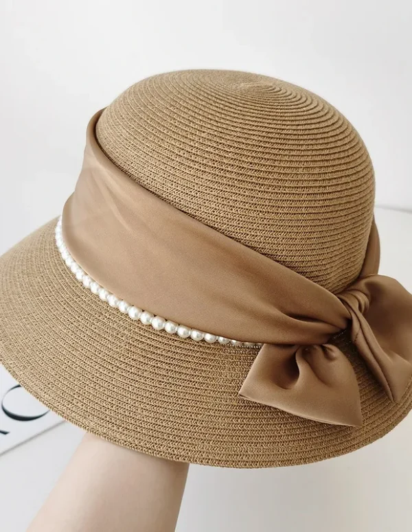 Vintage Pearl Bowknot Sun Protection Straw Hat for Women Summer Sun Hat Foldable Japanese Style Bucket Hat Trendy