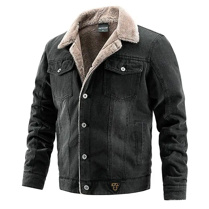 Denim Autumn Winter Pocket Single-Breasted Solid Color Velvet Thickened Lapel Washed Cotton Fashion Men's Jacket - Image 3